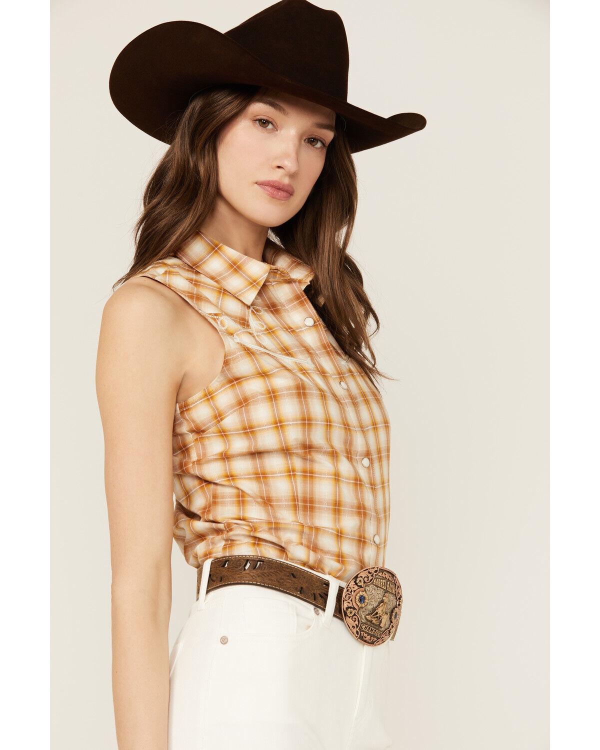 Image #2 - Wrangler Retro Women's Plaid Print Sleeveless Snap Western Shirt, Tan, hi-res