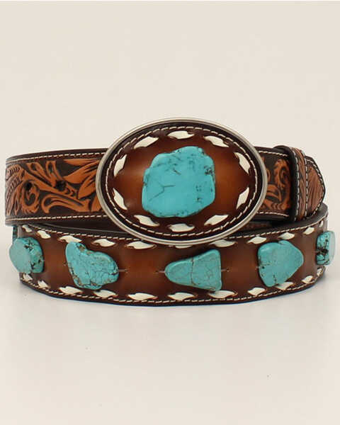 Angel Ranch Women's Turquoise Stones Sunflower Tooled Western Belt, Brown, hi-res