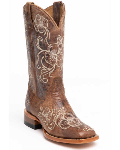 Shyanne Women's Lasy Floral Embroidered Western Boots - Broad Square Toe, Brown, hi-res