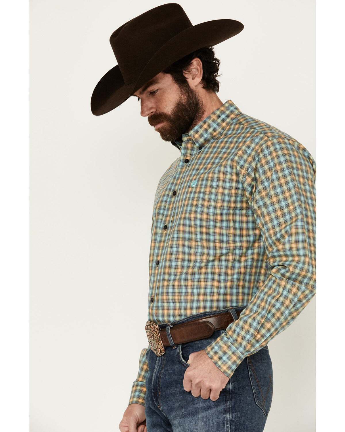 Image #2 - Cinch Men's Plaid Print Long Sleeve Button-Down Western Shirt, Turquoise, hi-res