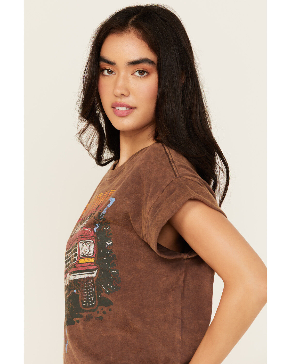 Image #2 - Cleo + Wolf Women's Off Rolled Sleeve Cropped Graphic Tee, Brown, hi-res