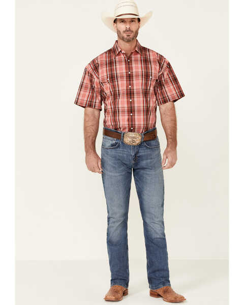 Image #2 - Panhandle Men's Large Plaid Print  Short Sleeve Snap Western Shirt , Red, hi-res
