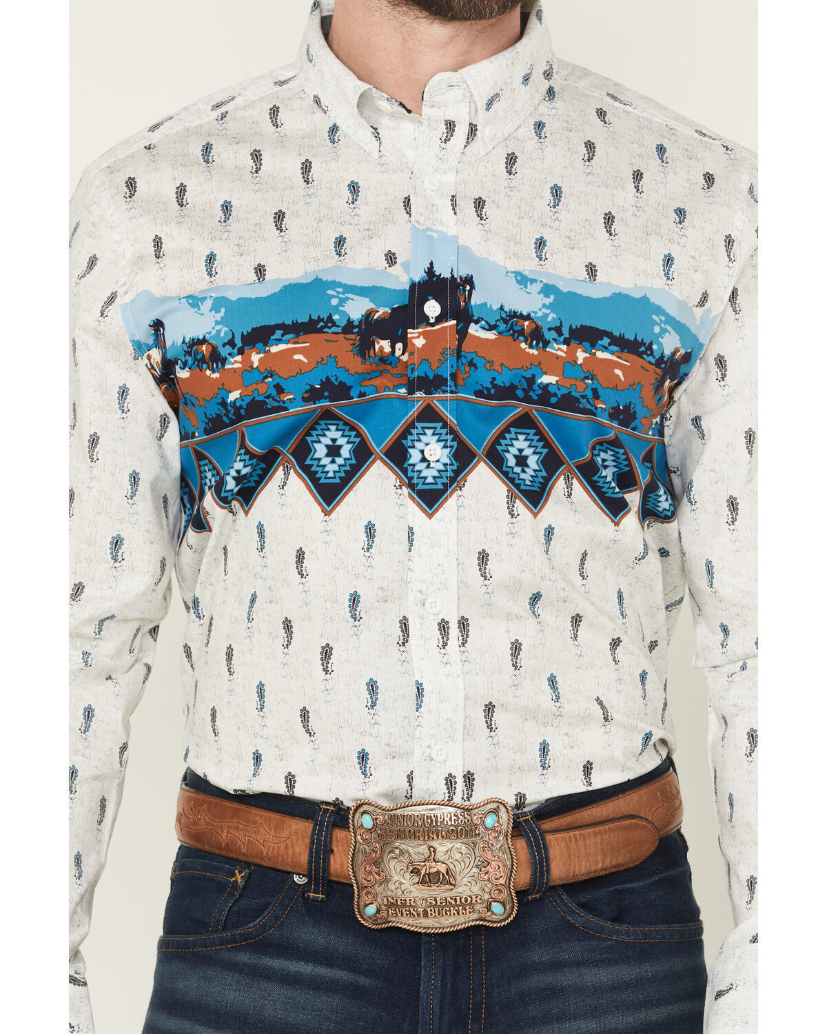 Image #3 - RANK 45® Men's Gavin Border Print Long Sleeve Button-Down Stretch Western Shirt, Ivory, hi-res