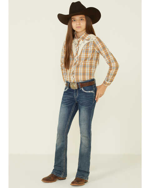 Image #2 - Roper Girls' Plaid Print Fancy Applique Yoke Long Sleeve Pearl Snap Western Shirt , Mustard, hi-res