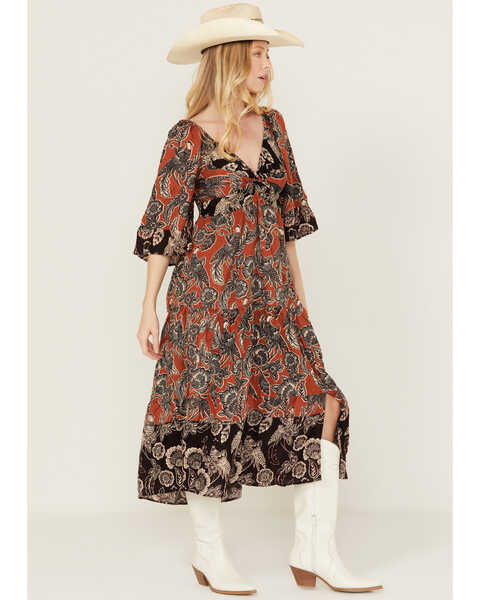 Image #2 - Angie Women's Paisley Print Midi Dress, Brown, hi-res