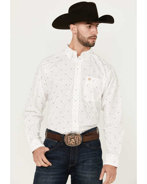Ariat Men's Edmond Steerhead Print Long Sleeve Button-Down Western Shirt , White, hi-res