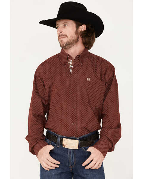 Cinch Men's Geo Print Long Sleeve Button-Down Western Shirt , Burgundy, hi-res