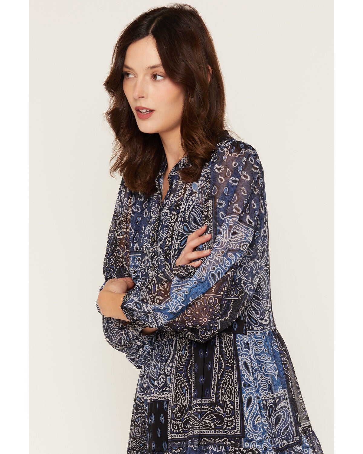 Image #2 - Lili Sidonio Women's Bandana Print Long Sleeve Button-Front Sheer Mini Dress, Navy, hi-res