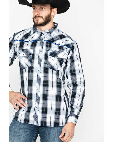 Image #5 - Cowboy Hardware Men's Block Plaid Print Long Sleeve Snap Western Shirt , Black, hi-res