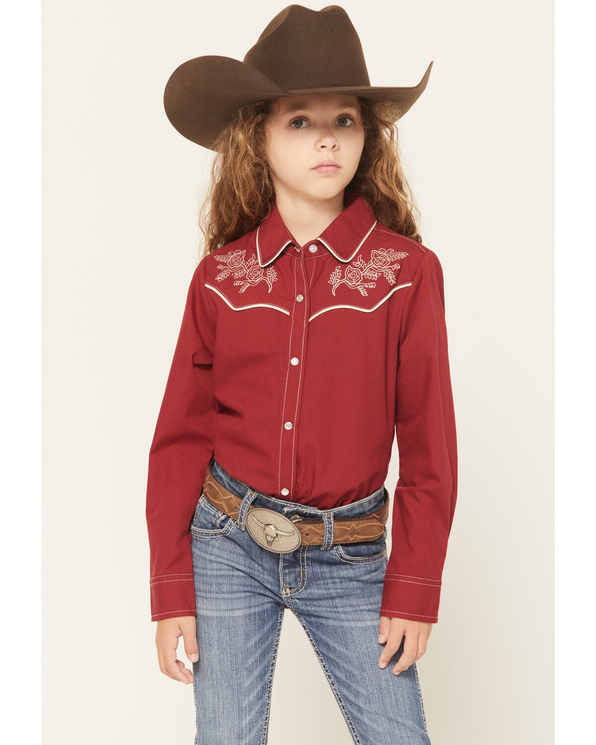 Ely Walker Girls' Solid Floral Embroidered Long Sleeve Snap Western Shirt, Red, hi-res