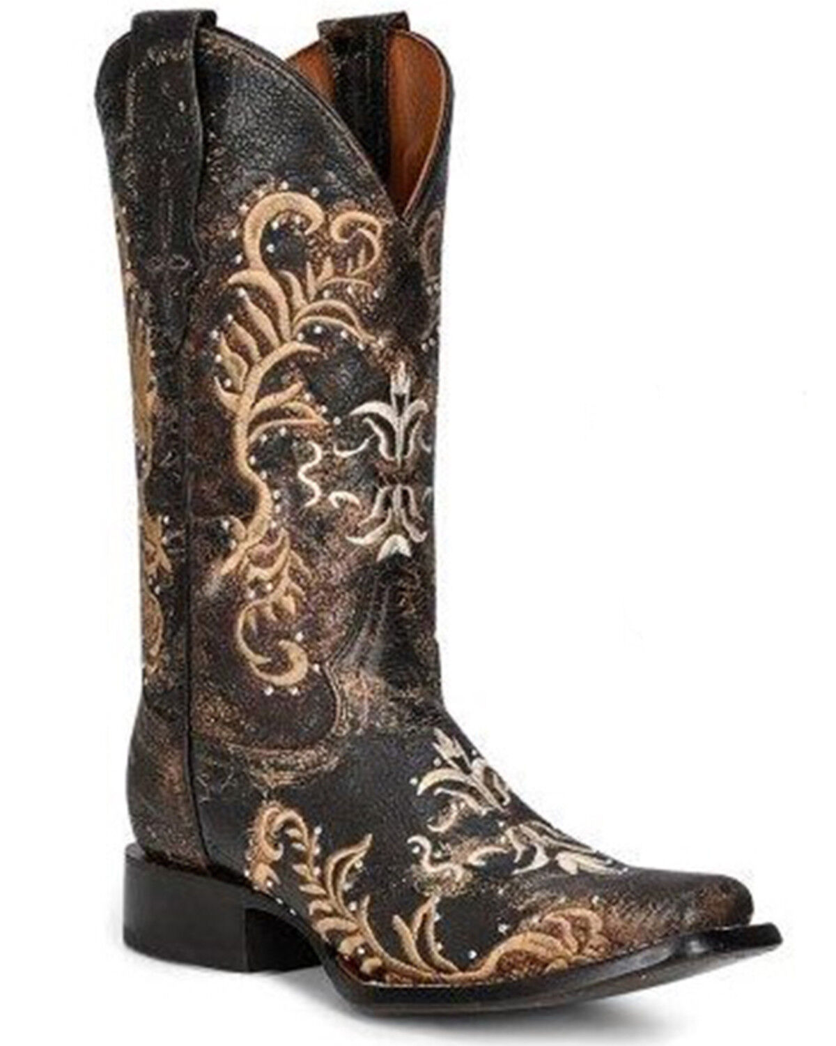 Image #1 - Circle G Women's Embroidered & Studded Distressed Tall Western Boots - Square Toe, Black/tan, hi-res