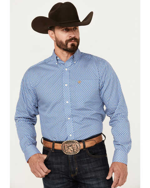 Ariat Men's Wrinkle Free Wren Print Button-Down Long Sleeve Western Shirt, Dark Blue, hi-res