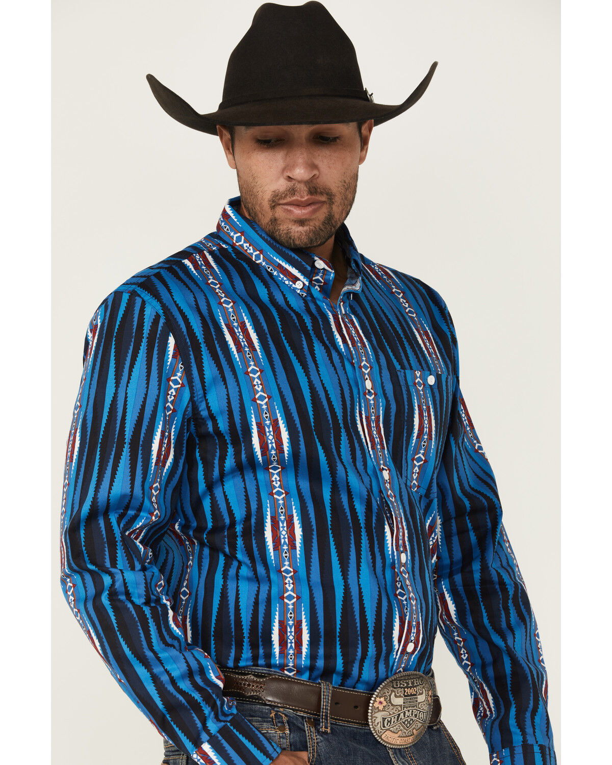 Image #2 - RANK 45® Men's Wooden Southwestern Striped Print Long Sleeve Button-Down Stretch Western Shirt, Blue, hi-res
