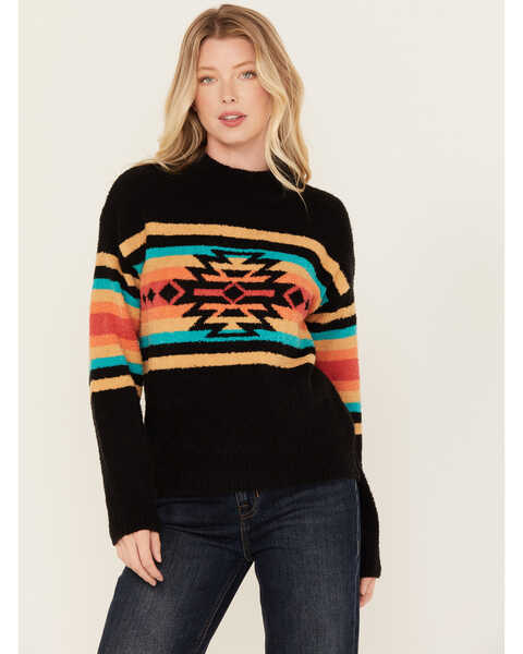 Panhandle Women's Southwestern Print Mock Neck Sweater , Black, hi-res
