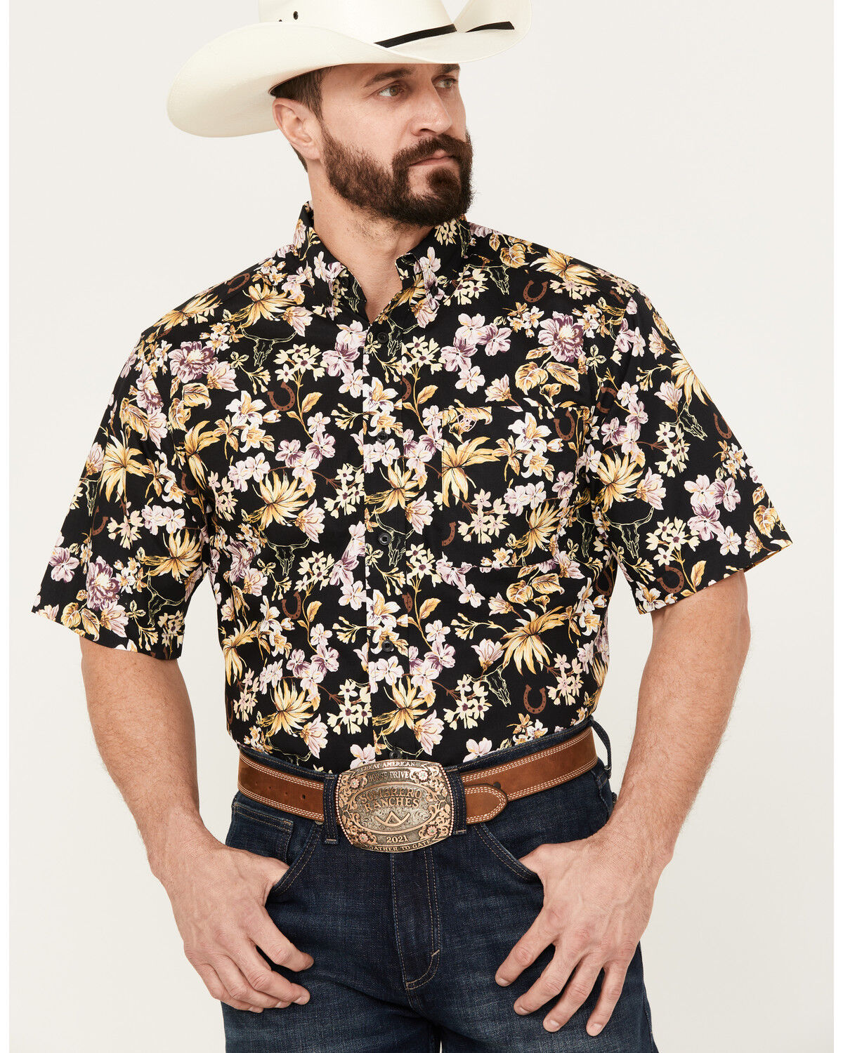 Image #1 - Ariat Men's Dex Classic Fit Floral Print Short Sleeve Button-Down Western Shirt, Black, hi-res