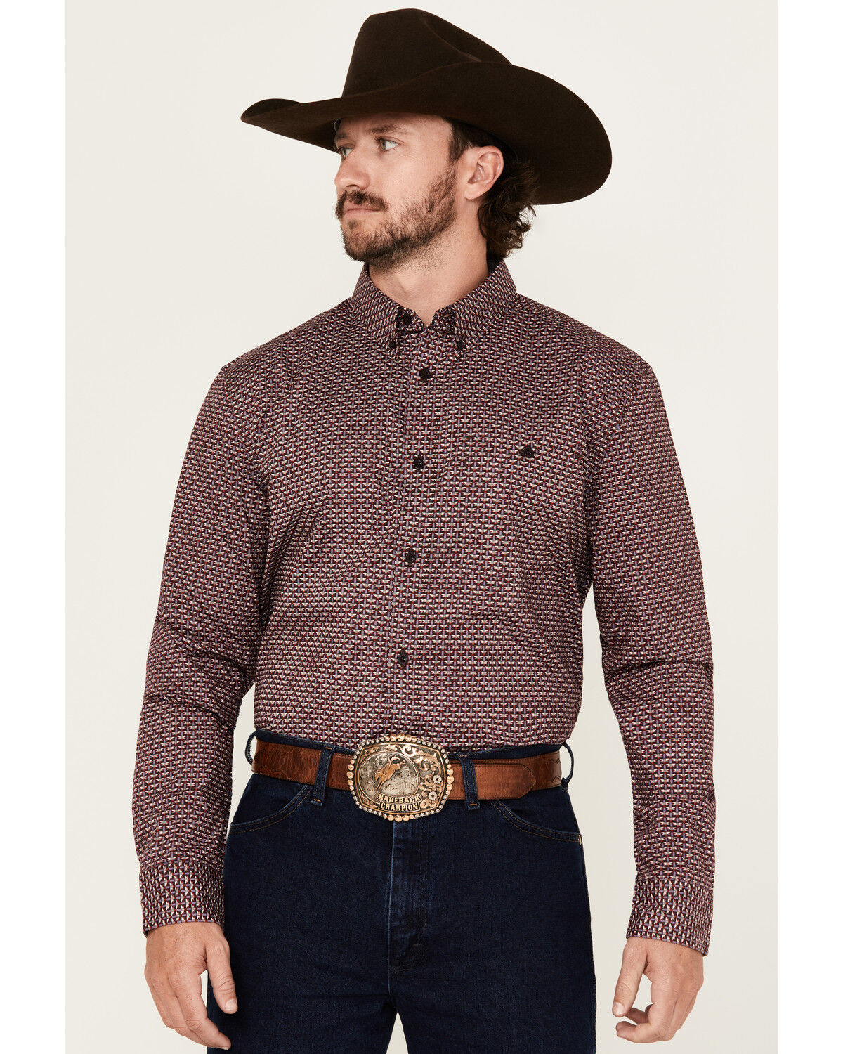 Image #1 - RANK 45® Men's Tinson Geo Print Long Sleeve Button-Down Stretch Western Shirt, Burgundy, hi-res