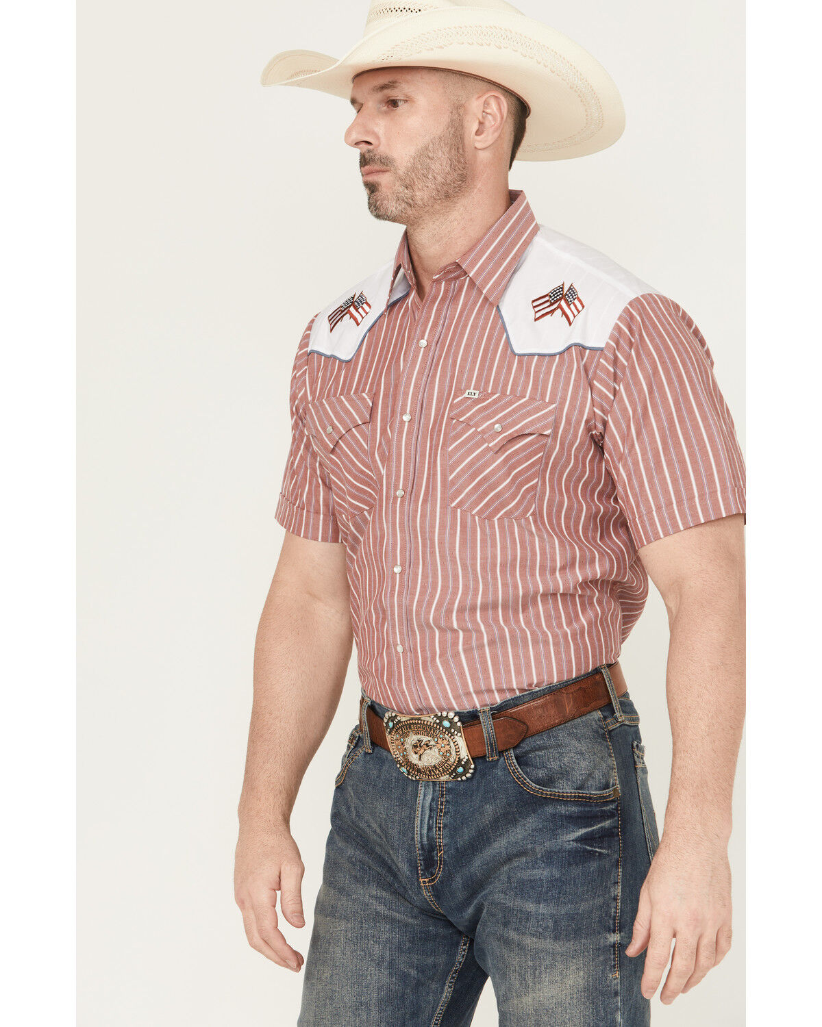 Image #2 - Ely Walker Men's Flag Yoke Striped Short Sleeve Pearl Snap Western Shirt, Red, hi-res