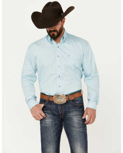 Image #1 - Stetson Men's Geo Print Long Sleeve Button-Down Western Shirt, Blue, hi-res