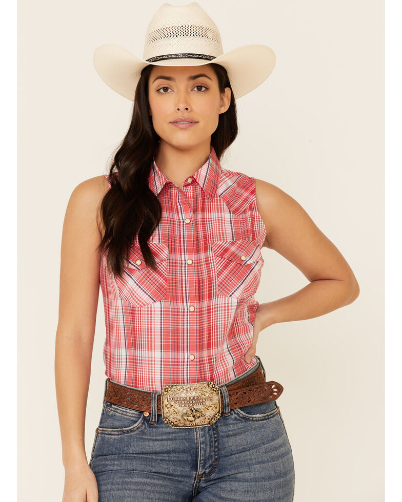 Wrangler Women's Red Plaid Sleeveless Snap Western Core Shirt , Red, hi-res