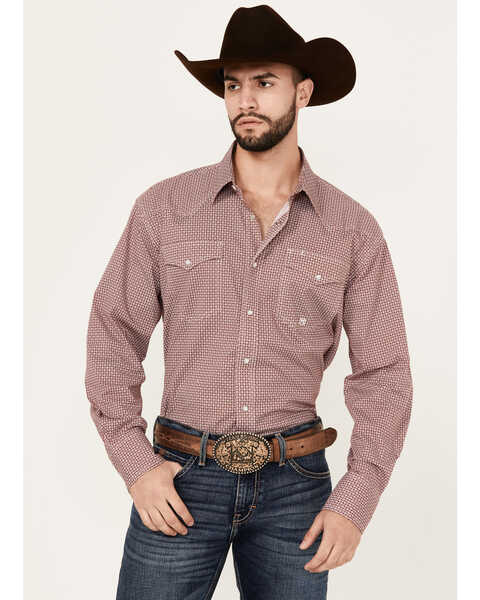 Roper Men's Amarillo Geo Print Long Sleeve Snap Stretch Western Shirt , Burgundy, hi-res