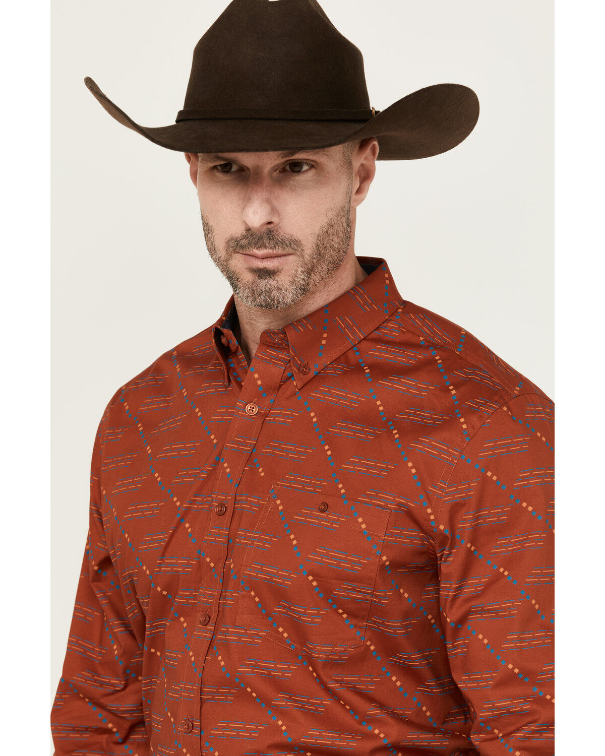 Image #2 - RANK 45® Men's Maputo Printed Long Sleeve Button-Down Performance Stretch Western Shirt, Dark Orange, hi-res