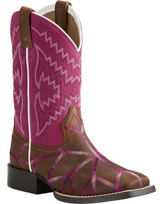 Ariat Girls' Twisted Tycoon Stitched Cowgirl Boots - Square Toe, Brown, hi-res