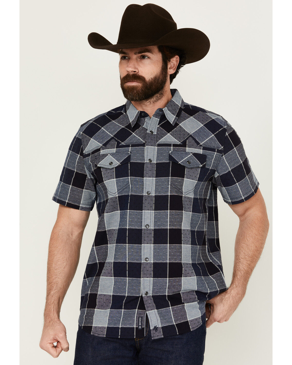 Image #1 - Moonshine Spirit Men's Collide Plaid Print Short Sleeve Snap Western Shirt, Blue, hi-res