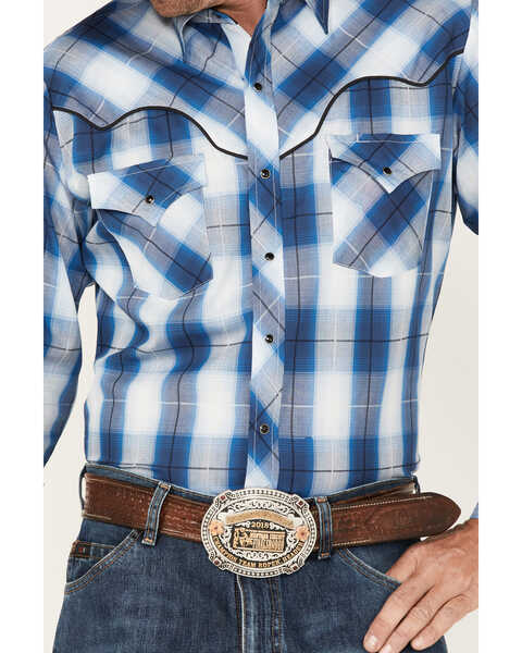 Image #3 - Ely Walker Men's Retro Plaid Print Long Sleeve Snap Western Shirt, Blue, hi-res
