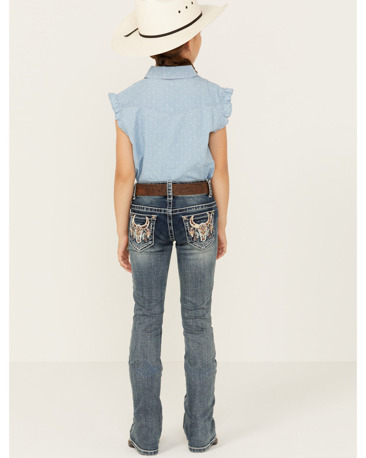 Image #1 - Shyanne Little Girls' Cowhide Steer Head Light Wash Faded Stretch Bootcut Jeans, Light Wash, hi-res