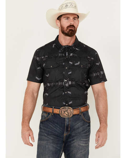 Image #1 - Rock & Roll Denim Men's Southwestern Print Short Sleeve Performance Pearl Snap Western Shirt, Black, hi-res