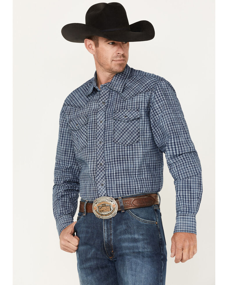 Wrangler Retro Premium Men's Check Plaid Snap Western Shirt , Navy, hi-res