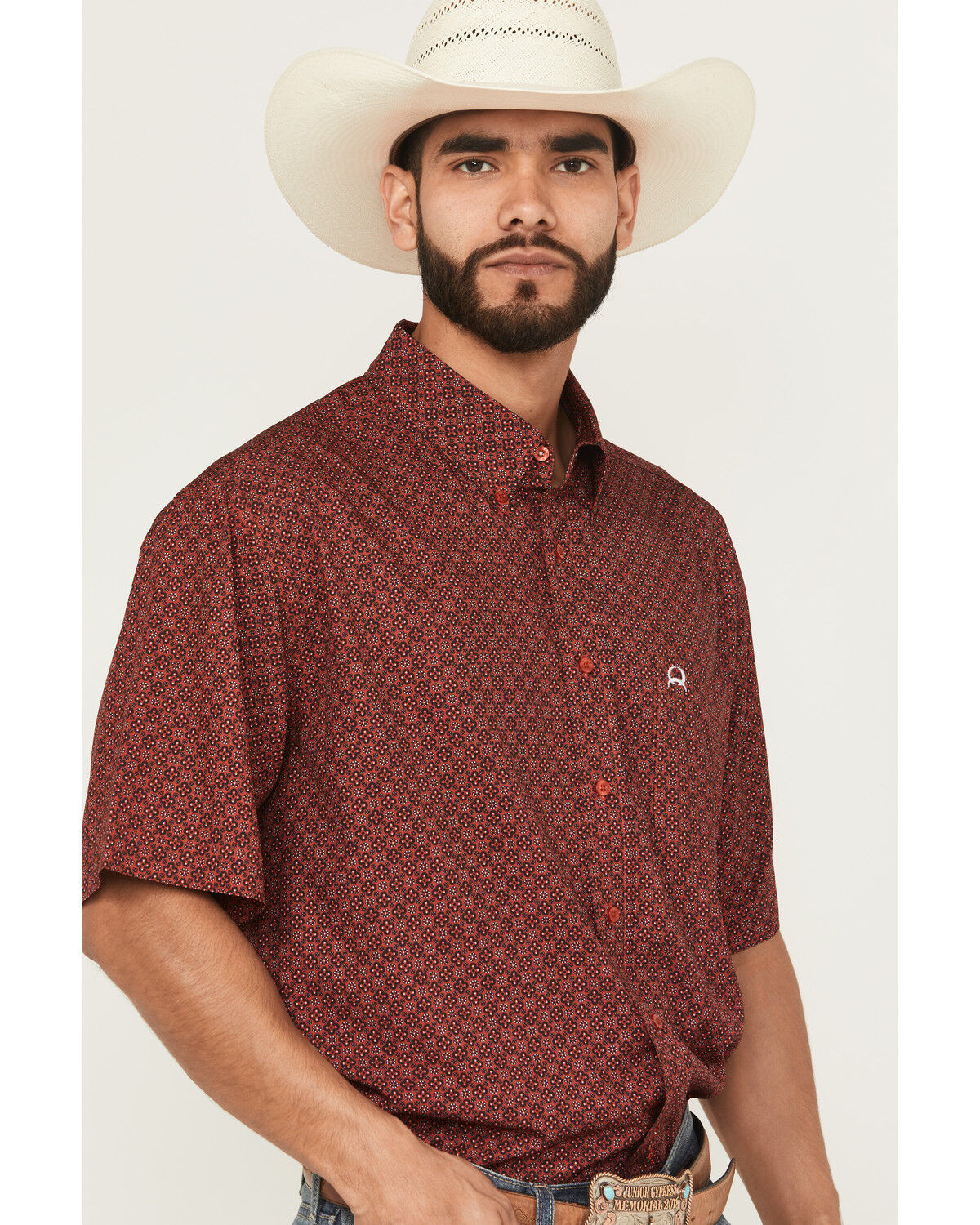 Image #2 - Cinch Men's Geo Print Short Sleeve Button-Down Performance Stretch Western Shirt, Red, hi-res