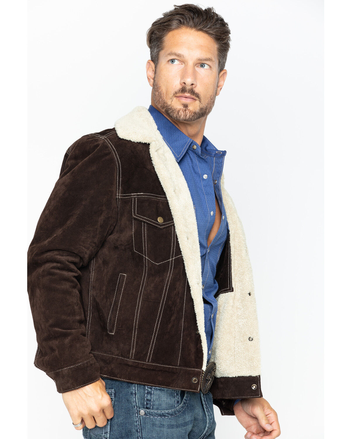Image #4 - Scully Men's Sherpa Lined Boar Suede Jacket, Chocolate, hi-res