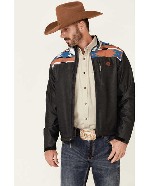 Image #1 - Hooey Men's Southwestern Print Zip-Front Softshell Jacket , Charcoal, hi-res