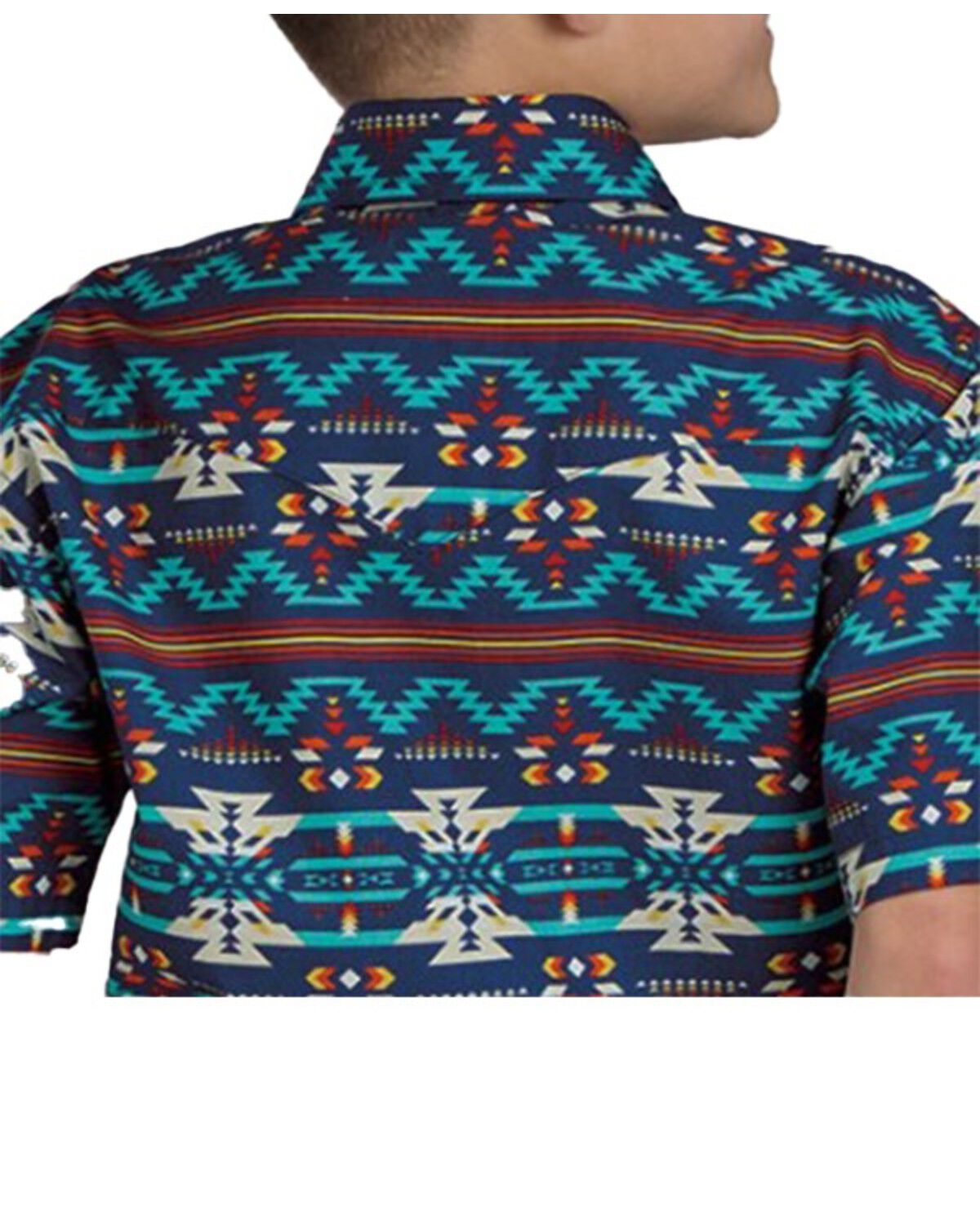 Image #2 - Roper Boys' Southwestern Striped Short Sleeve Snap Western Shirt, Blue, hi-res