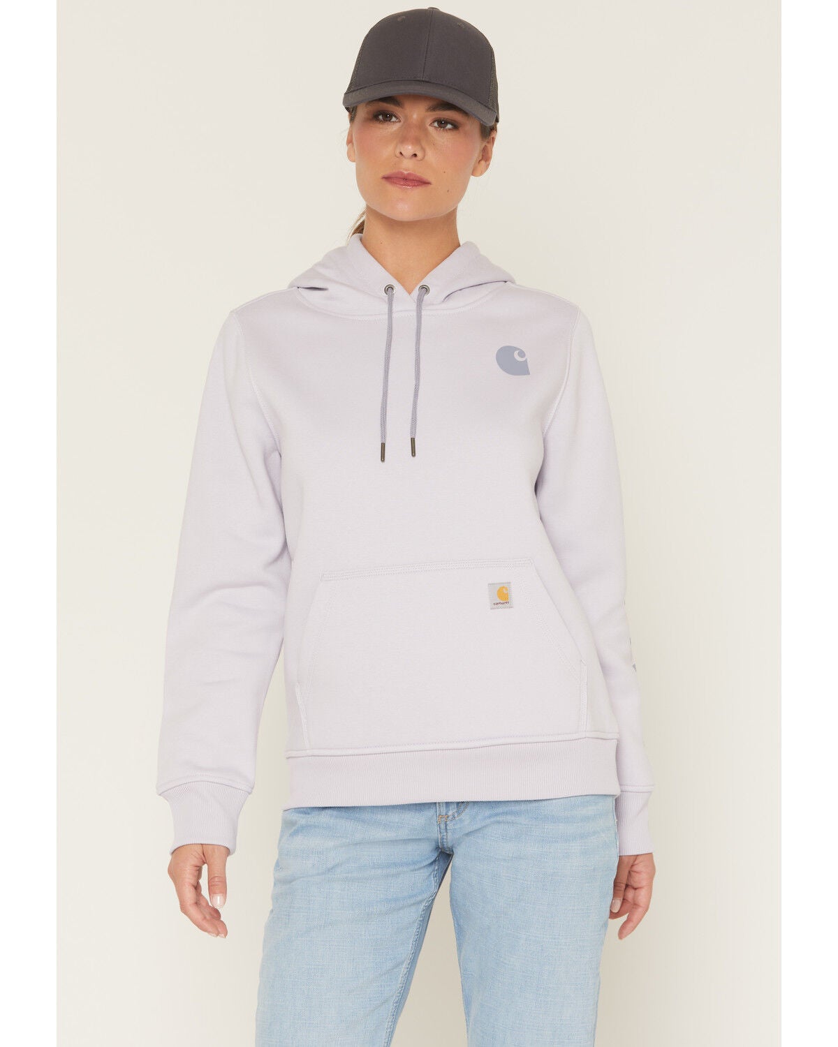 Image #1 - Carhartt Women's Relaxed Fit Midweight Logo Sleeve Graphic Hoodie, Purple, hi-res