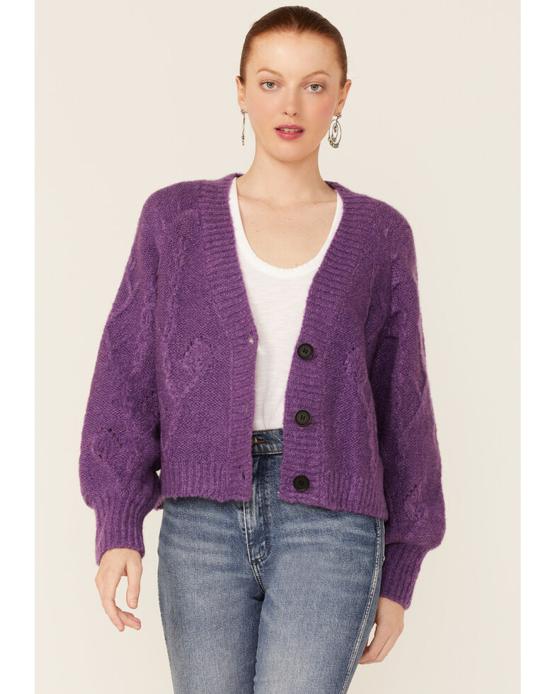 Molly Bracken Women's Purple Cable Knit Cardigan Sweater, Purple, hi-res