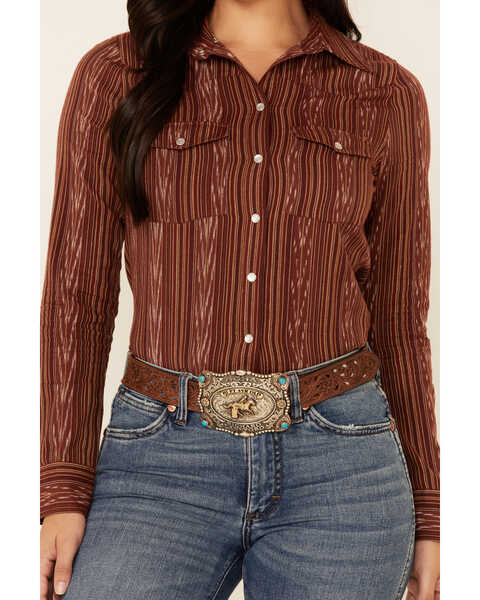 Image #3 - Shyanne Women's Striped Long Sleeve Pearl Snap Western Shirt , Chocolate, hi-res