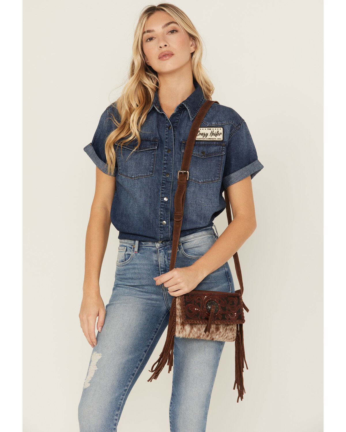 Image #1 - Shyanne Women's Cassidy Hair-On Tooled Leather Crossbody, Brown, hi-res
