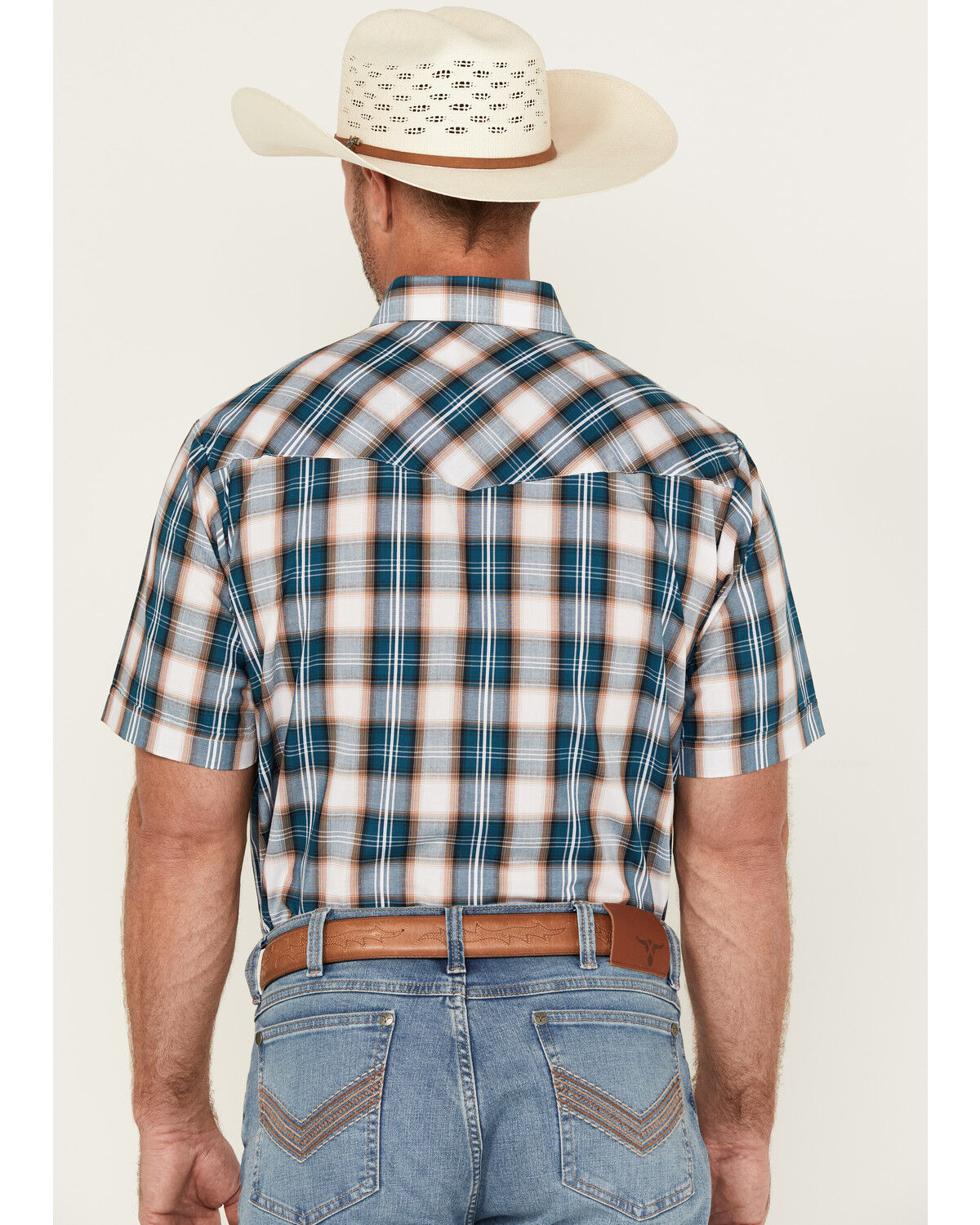 Image #4 - Ely Walker Men's Plaid Print Short Sleeve Snap Stretch Western Shirt - Tall, Teal, hi-res