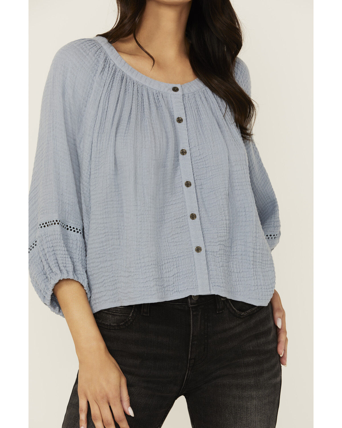 Image #3 - Cleo + Wolf Women's Brie Crochet Trim Long Sleeve Shirt, Light Blue, hi-res