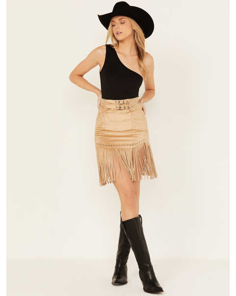 Rock & Roll Denim Women's Studded Fringe Skirt , Camel, hi-res