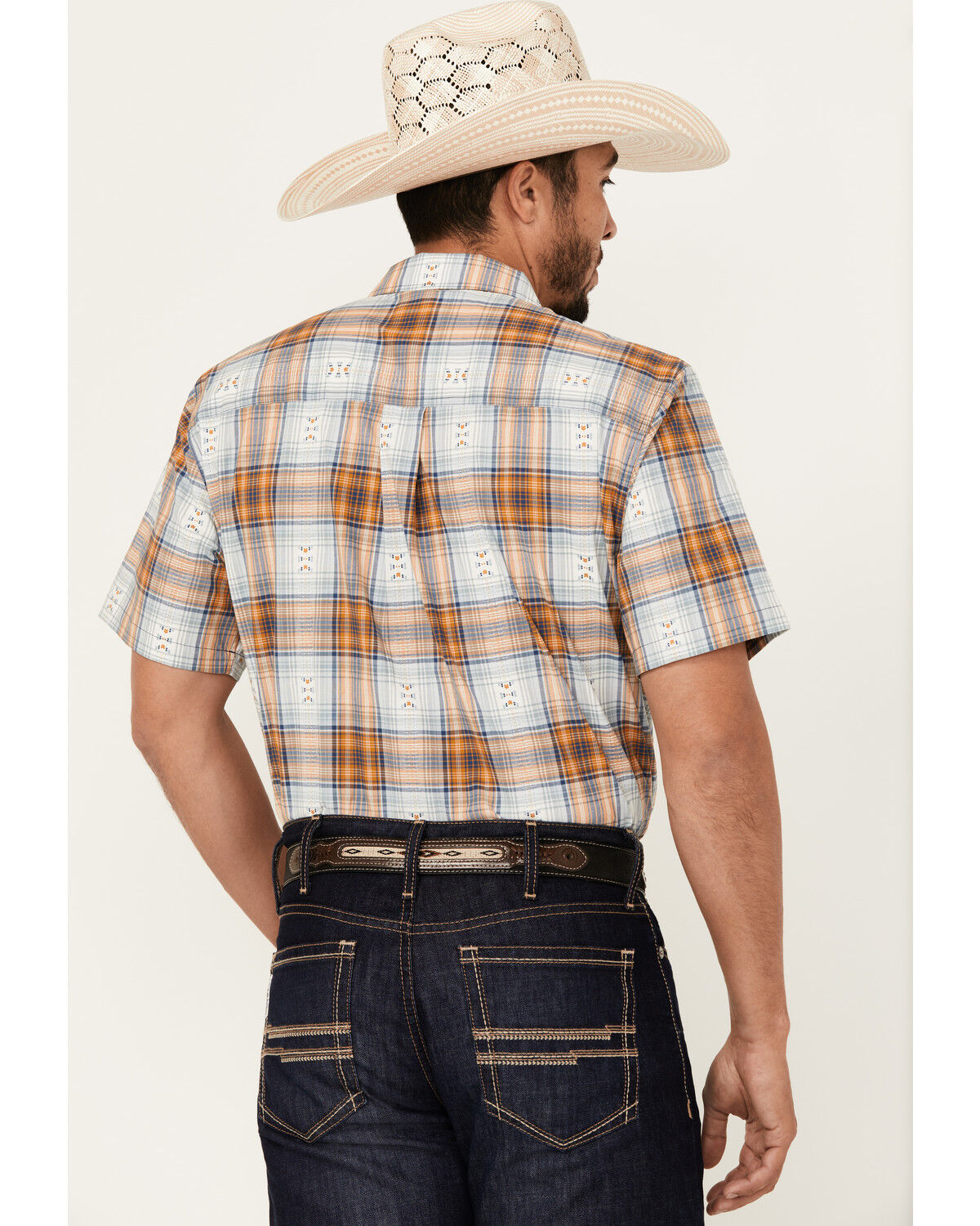 Image #4 - Cody James Men's Spur Dobby Plaid Print Short Sleeve Button-Down Stretch Western Shirt, Ivory, hi-res