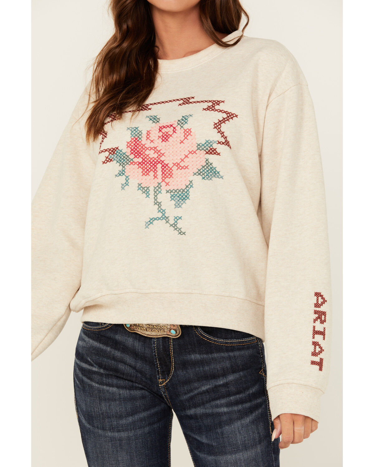 Image #3 - Ariat Women's Rose Embroidered Sweater, Oatmeal, hi-res