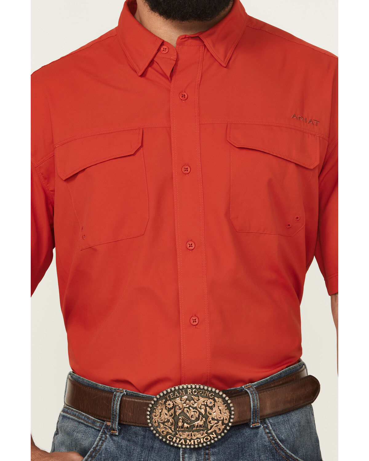 Image #3 - Ariat Men's VenTek Outbound Solid Short Sleeve Button-Down Western Shirt, Red, hi-res