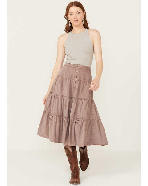Angie Women's Tiered Midi Skirt , Taupe, hi-res