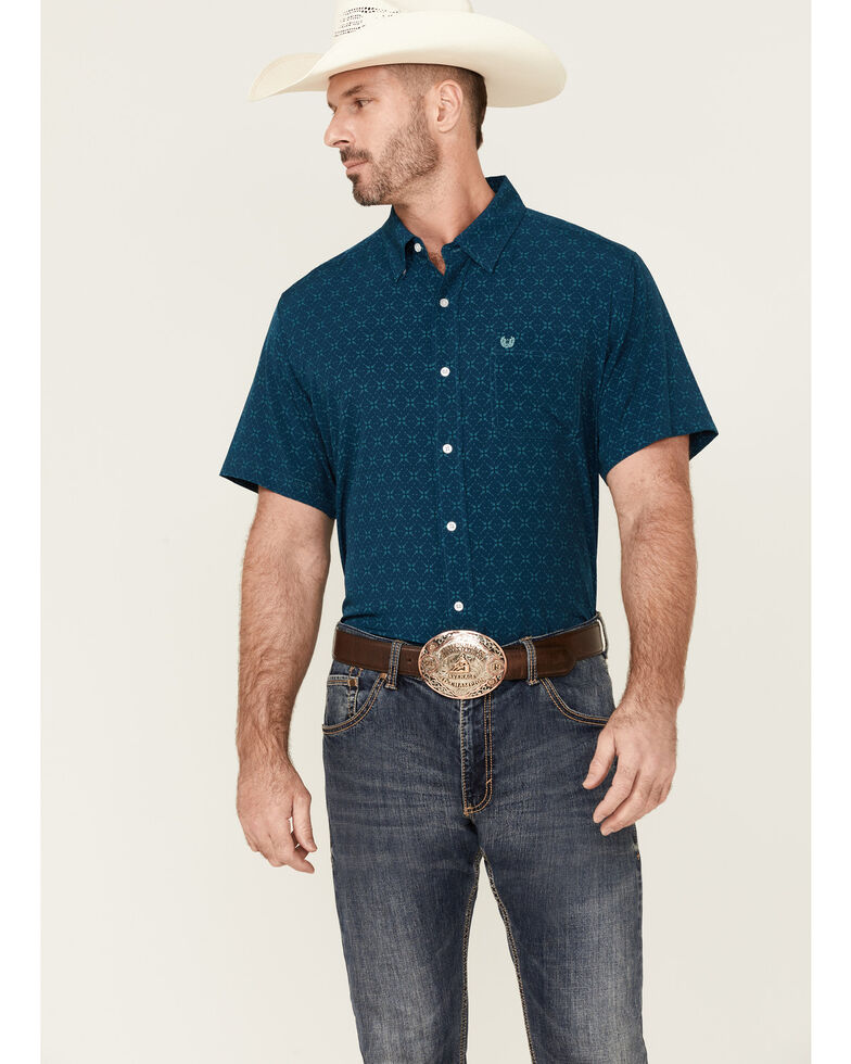 Panhandle Men's Starburst Geo Print Performance Short Sleeve Button-Down Western Shirt , Blue, hi-res