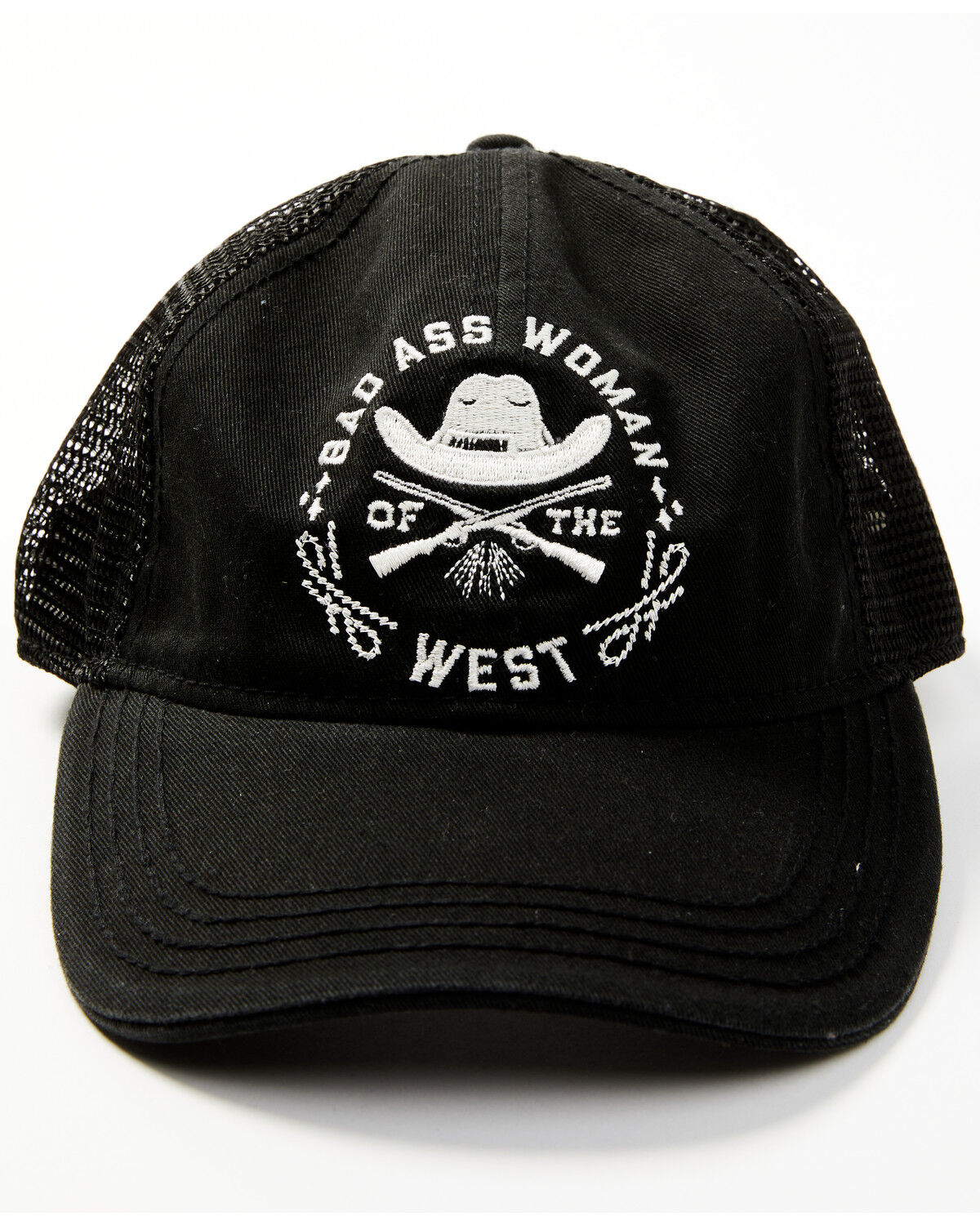 Image #1 - Idyllwind Women's Bad Ass Woman Embroidered Mesh Back Ball Cap, Black, hi-res