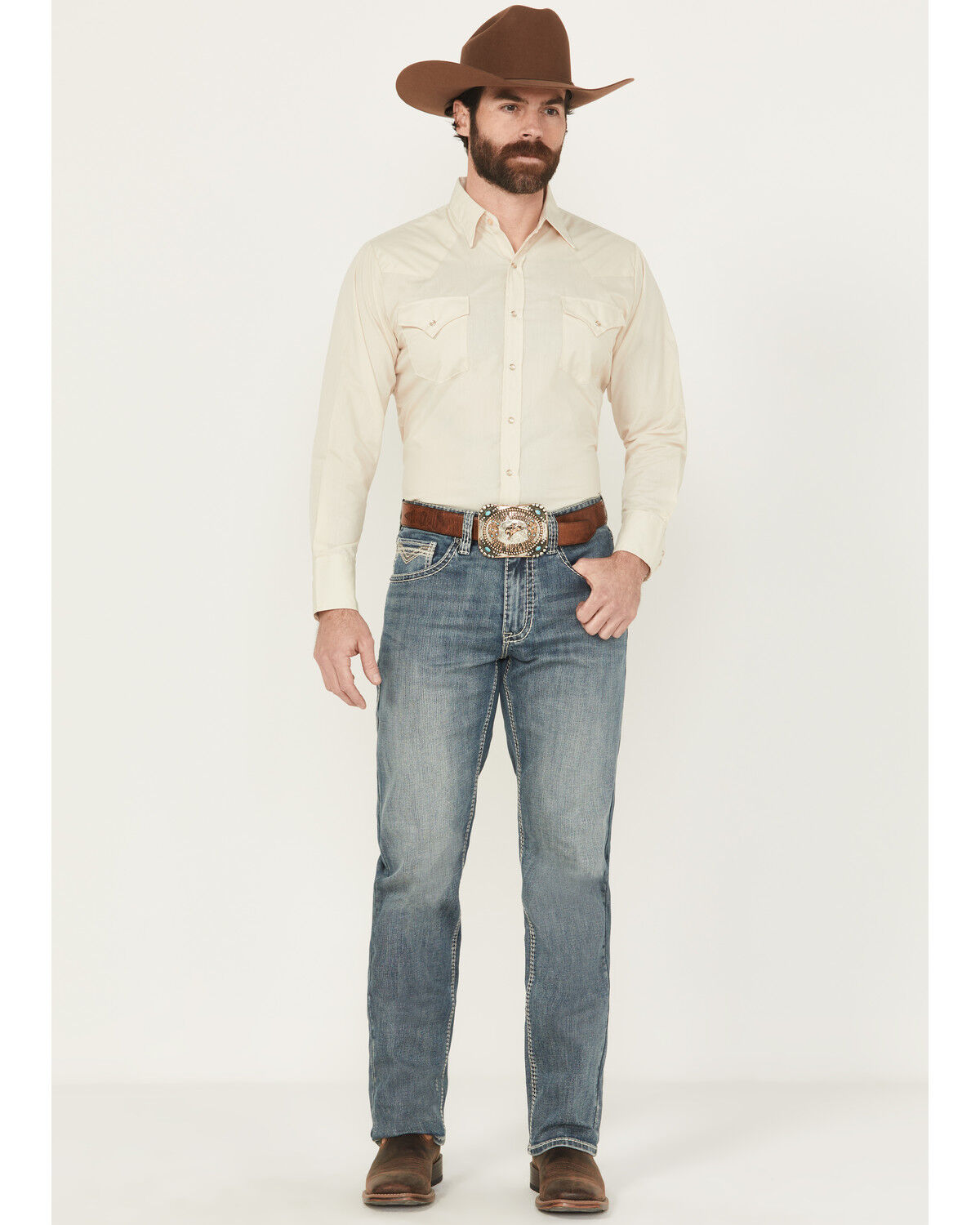 Image #1 - Rock & Roll Denim Men's Medium Wash Tapered Bootcut Stretch Denim Jeans, Medium Wash, hi-res