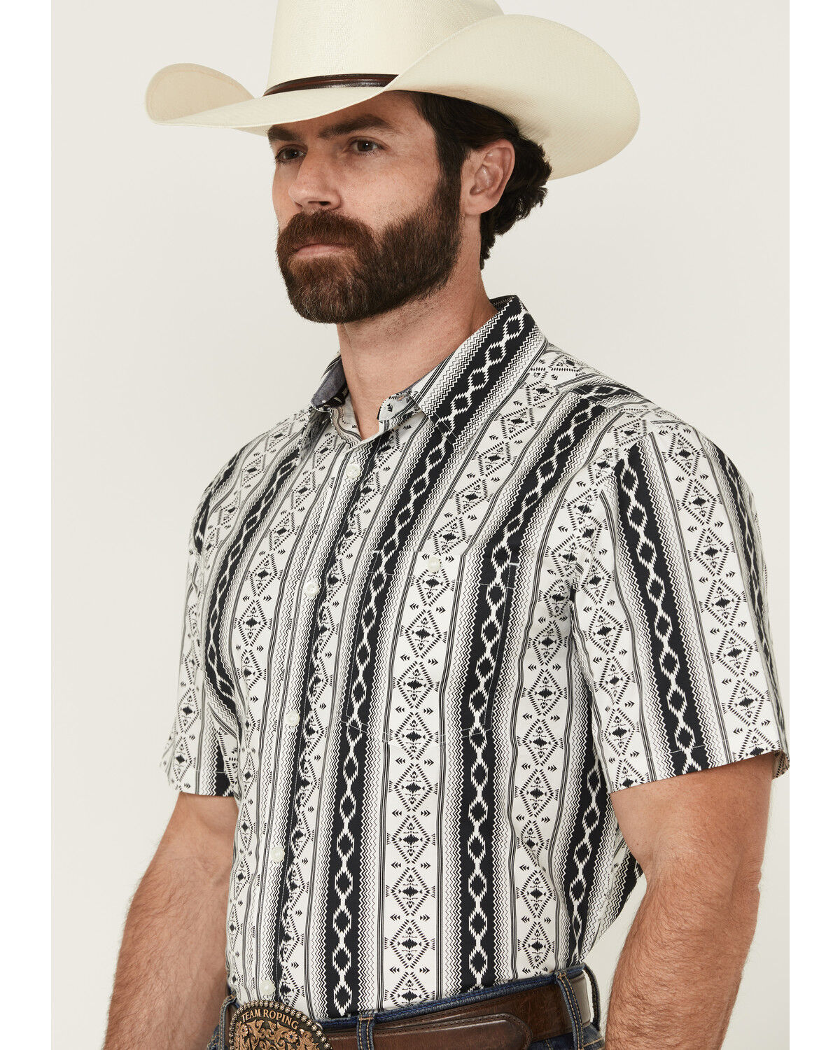 Image #2 - RANK 45® Men's Buffalo Southwestern Striped Print Short Sleeve Button-Down Stretch Western Shirt, White, hi-res